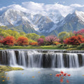 Snowy Mountain Waterfall Mural Wallpaper with Autumn Forest Foliage Mural Wallpaper - room preview 02