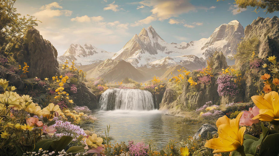 Landscape Wallpaper Mural – Scenery Wall Mural – Alpine Waterfall — Scenic Mountain Landscape printable artwork
