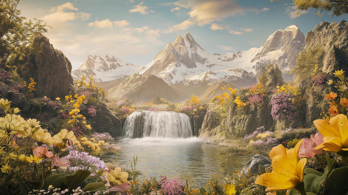 Alpine Waterfall Mural Wallpaper — Scenic Mountain Landscape Mural Wallpaper - room preview 02