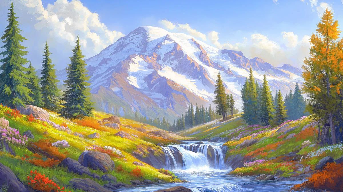 Snow-Capped Alpine Meadow Mural Wallpaper — Painterly Mountain Vista Mural Wallpaper - room preview 02