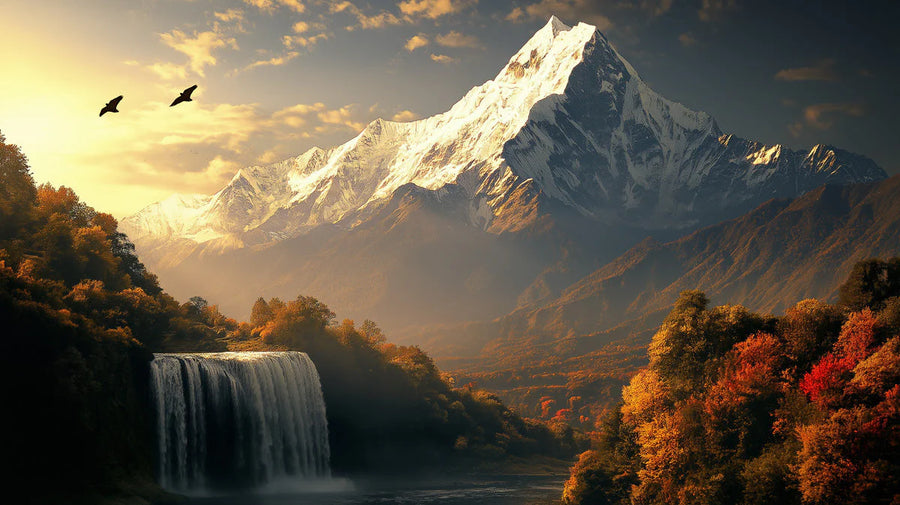 Mountain Landscape Wallpaper Mural – Alpine Scenery Wall Mural – Golden Hour Mountain and Waterfall printable artwork