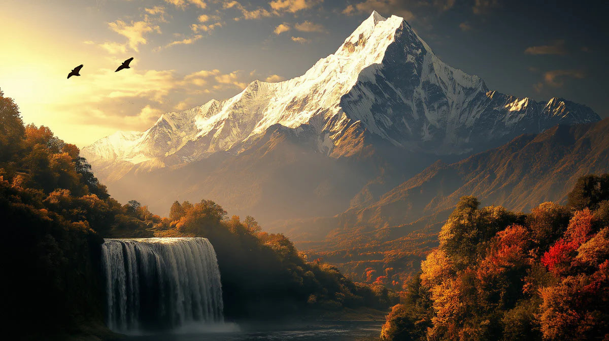 Golden Hour Mountain and Waterfall Mural Wallpaper - room preview 02