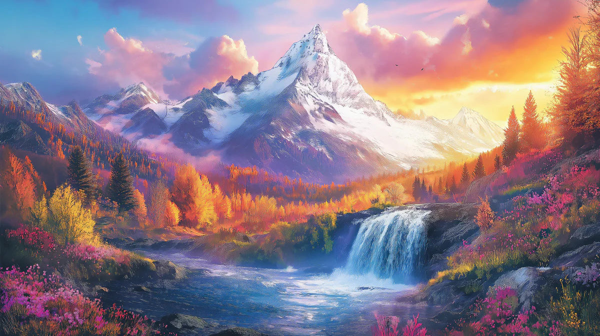 Alpine Sunset Waterfall Mural Wallpaper — Painterly Scenic Design Mural Wallpaper - room preview 02