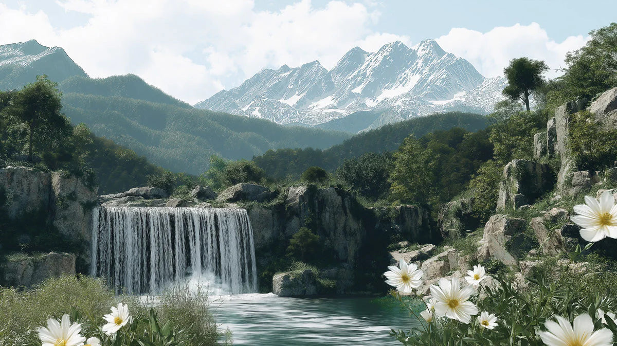 Mountain Waterfall Landscape Mural Wallpaper —Realistic Nature Mural Wallpaper - room preview 02
