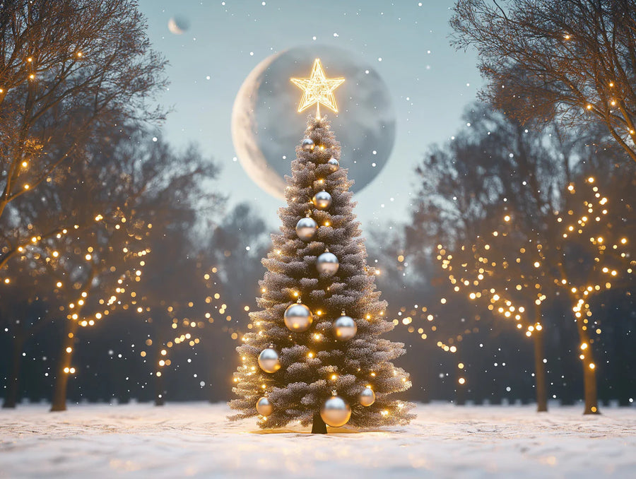 Forest Wallpaper Mural – Woodland Wall Mural – Christmas Tree Moonlit for the hotel Festive Cozy Decoration printable artwork