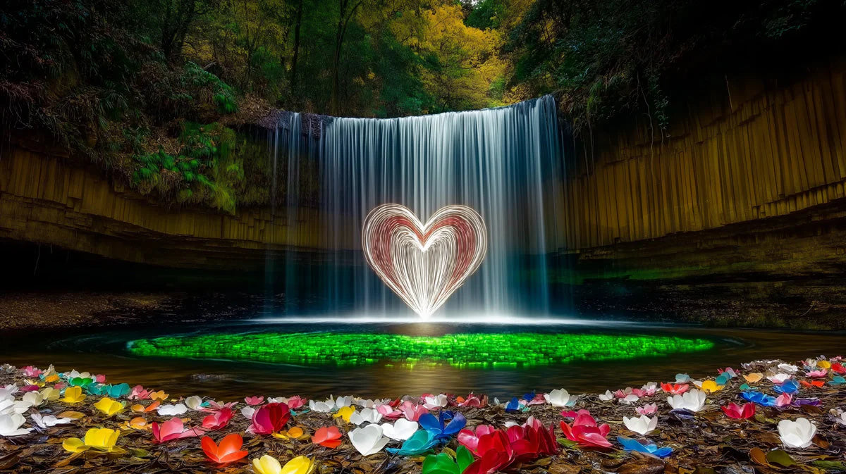 Glowing Heart Waterfall Mural Wallpaper — Fantasy Nature Scene Mural Wallpaper - room preview 02