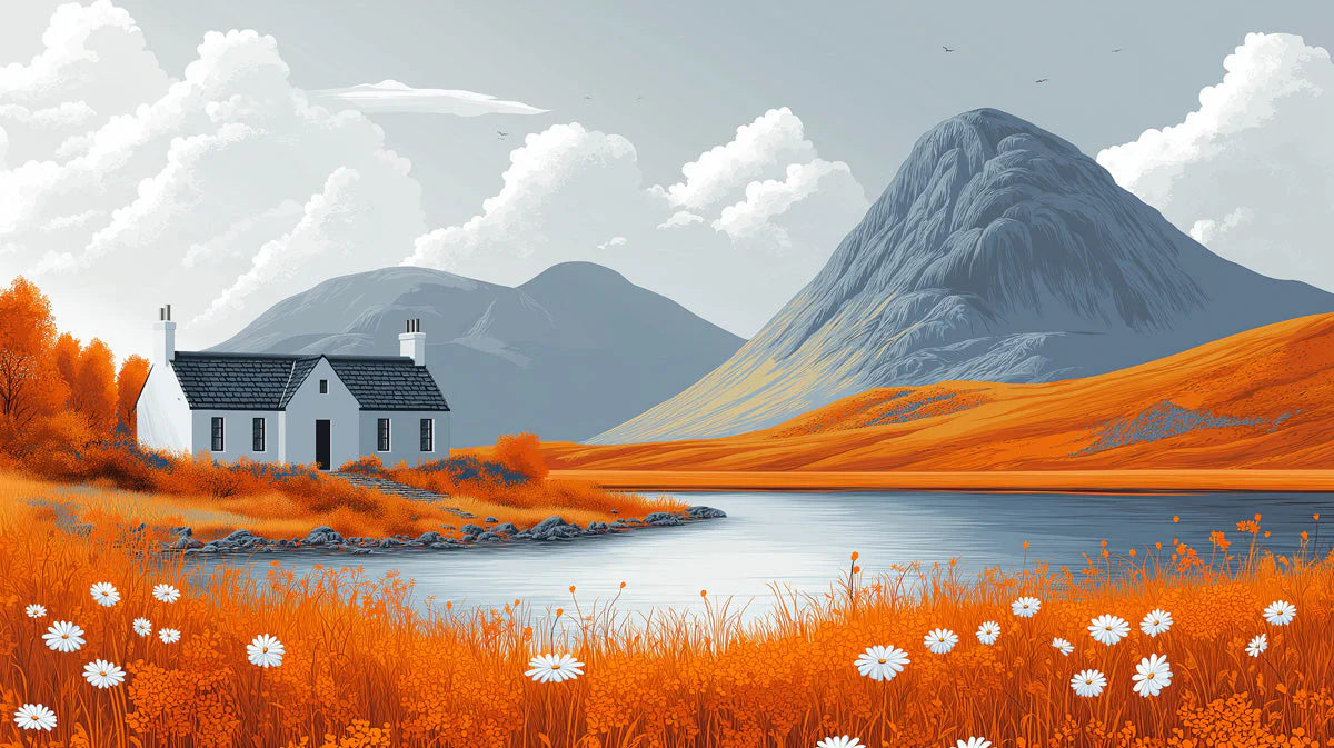 Autumn Highlands Cottage Mural Wallpaper — Rustic Lake Landscape Mural Wallpaper - room preview 02