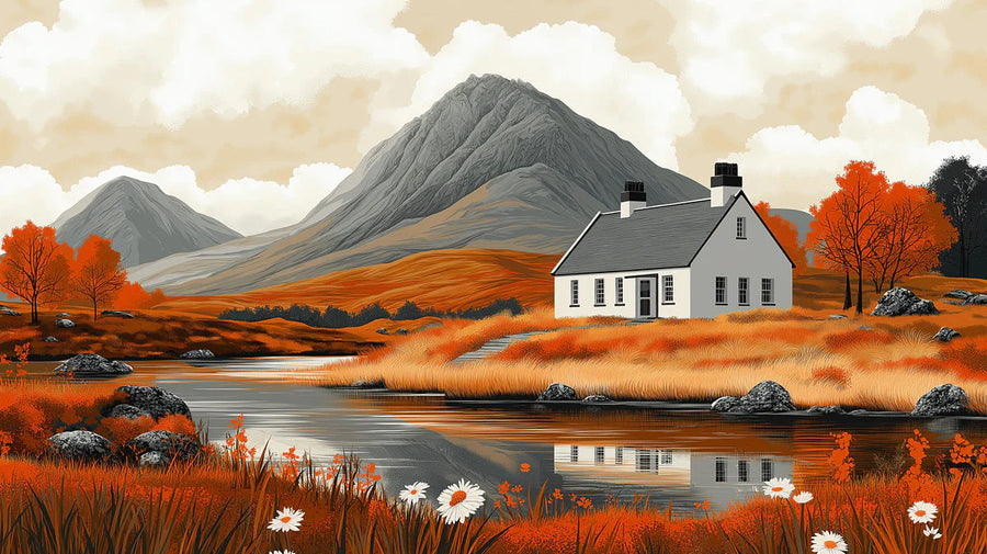 Landscape Wallpaper Mural – Scenery Wall Mural – Highland Cottage Autumn Landscape printable artwork