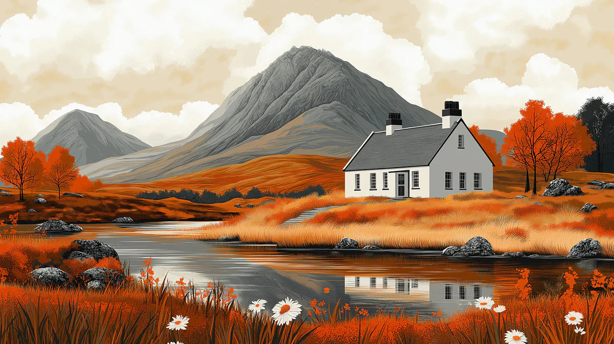 Highland Cottage Autumn Landscape Mural Wallpaper - room preview 02
