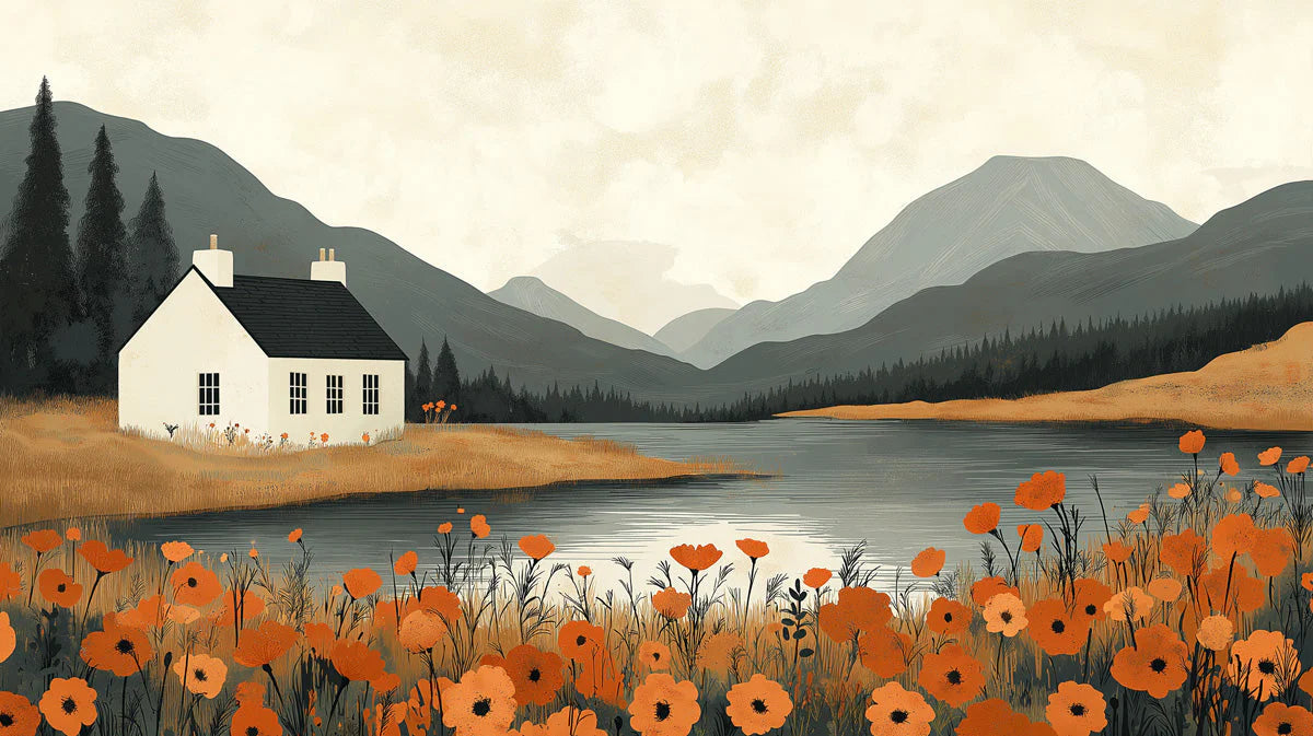 Rustic Lake Cottage Mural Wallpaper — Autumn Landscape Mural Wallpaper - room preview 02