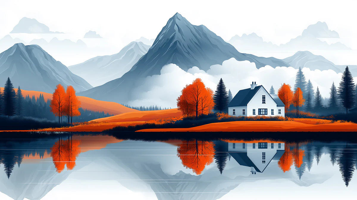 Autumn Mountain Reflection Mural Wallpaper — Modern Scenic Design Mural Wallpaper - room preview 02
