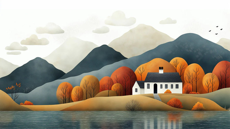Herbst-Cottage-Landschaft Wandtapete — Rustikale Pastorale Szene Wandtapete printable artwork