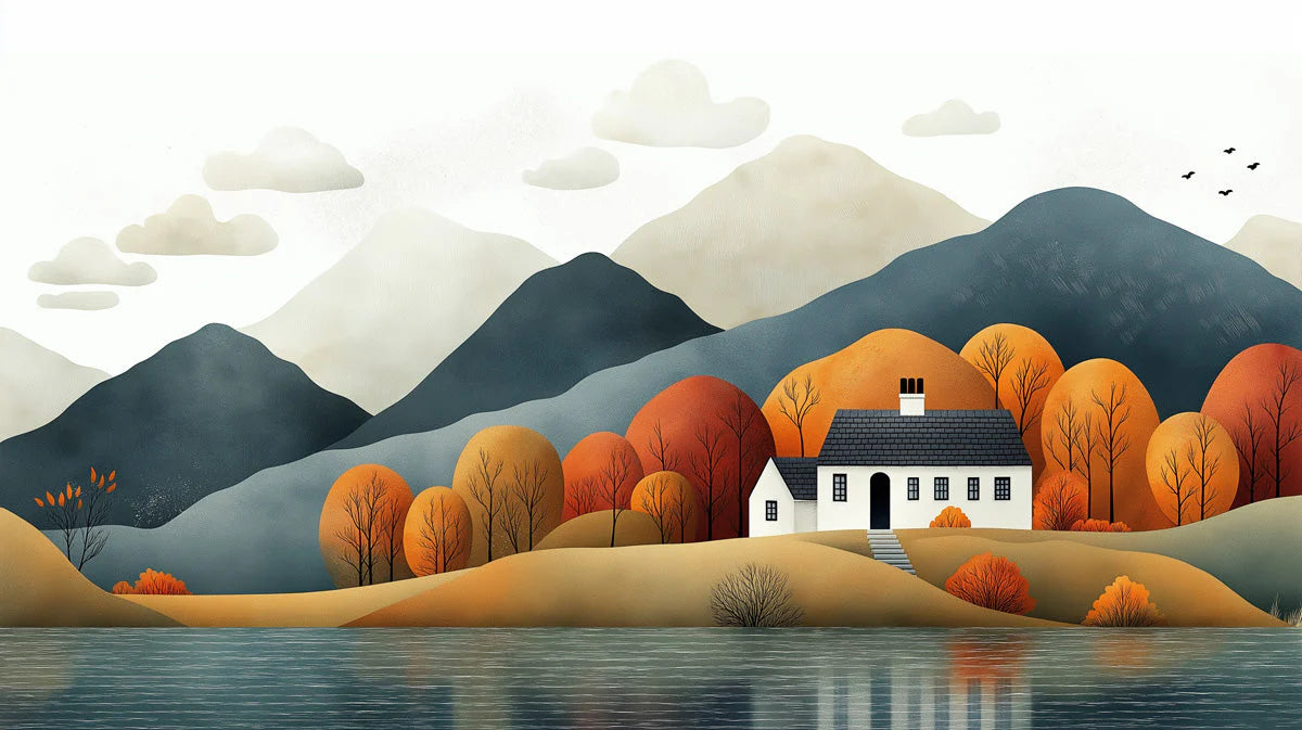 Autumn Cottage Landscape Mural Wallpaper — Rustic Pastoral Scene Mural Wallpaper - room preview 02