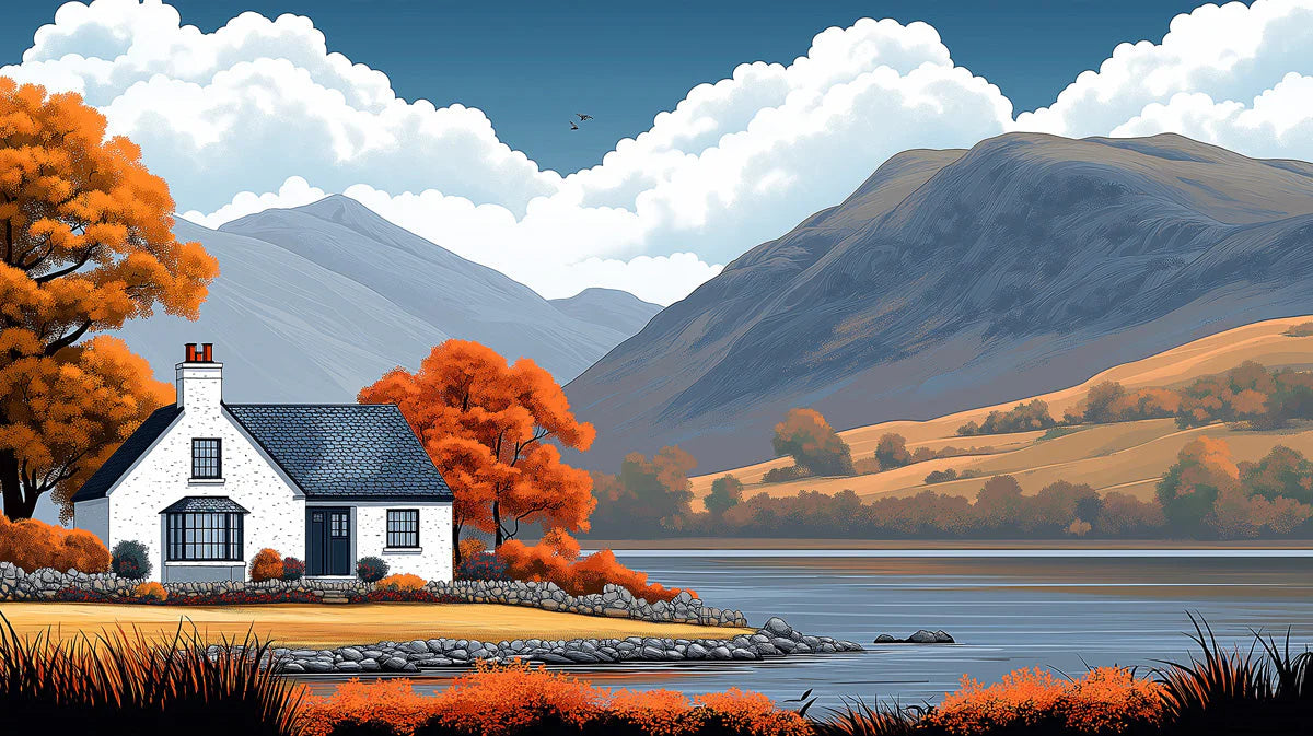 Autumn Cottage Lakeside Landscape Mural Wallpaper — Rustic Pastoral Mural Wallpaper - room preview 02