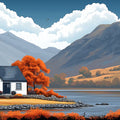 Autumn Cottage Lakeside Landscape Mural Wallpaper — Rustic Pastoral Mural Wallpaper - room preview 02