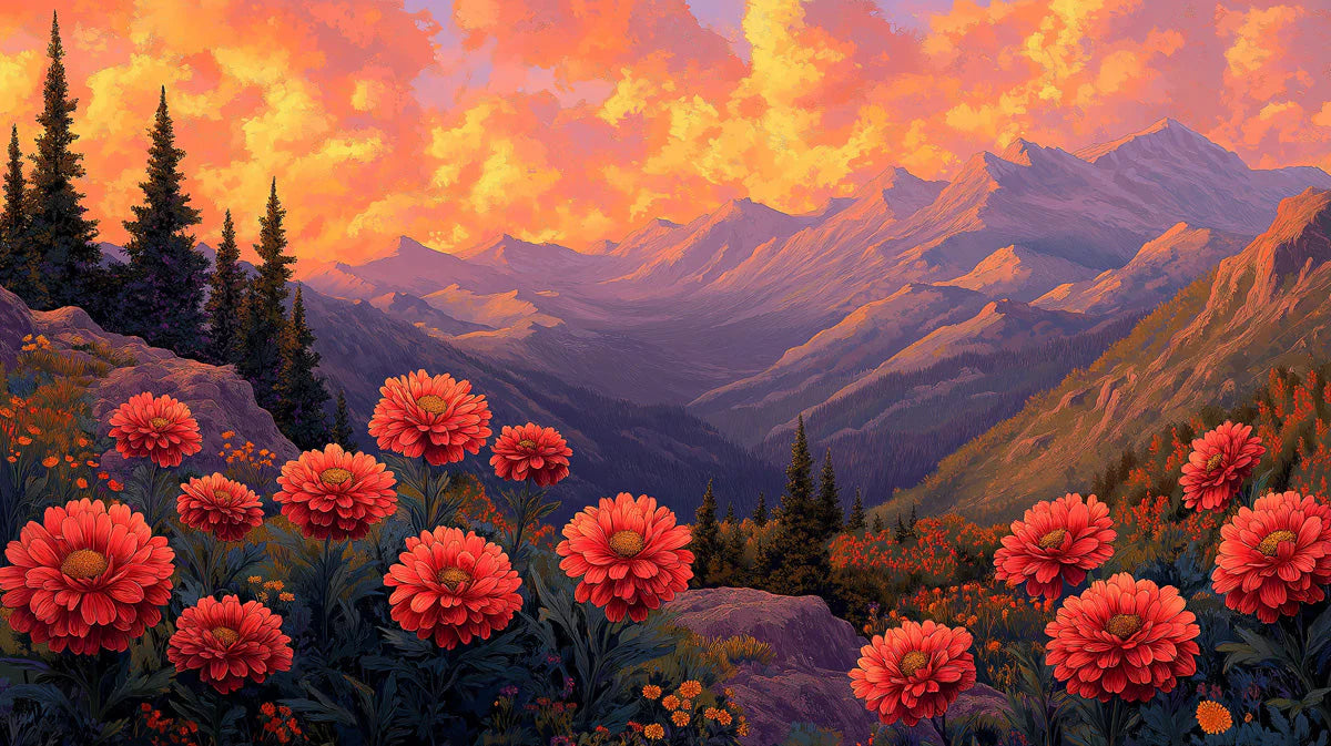 Sunset Mountain Floral Mural Wallpaper — Whimsical Artistic Scene Mural Wallpaper - room preview 02