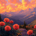 Sunset Mountain Floral Mural Wallpaper — Whimsical Artistic Scene Mural Wallpaper - room preview 02