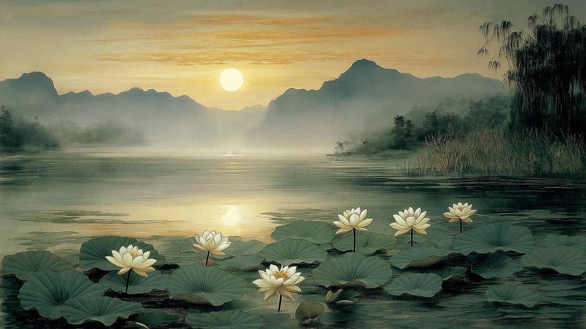 Mist-Covered Lotus Lake Mural Wallpaper — Calm Sunset Landscape Mural Wallpaper - room preview 02