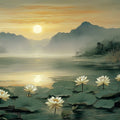 Mist-Covered Lotus Lake Mural Wallpaper — Calm Sunset Landscape Mural Wallpaper - room preview 02