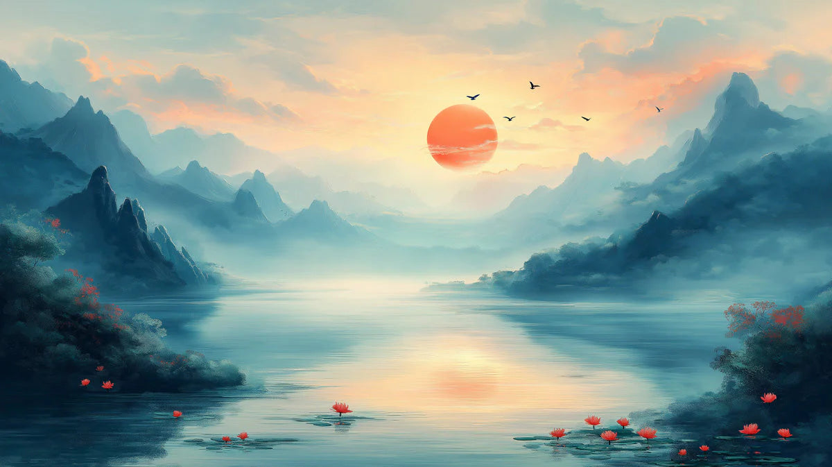 Mountain Lake Sunset Mural Wallpaper — Impressionistic Landscape Mural Wallpaper - room preview 02