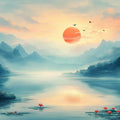 Mountain Lake Sunset Mural Wallpaper — Impressionistic Landscape Mural Wallpaper - room preview 02