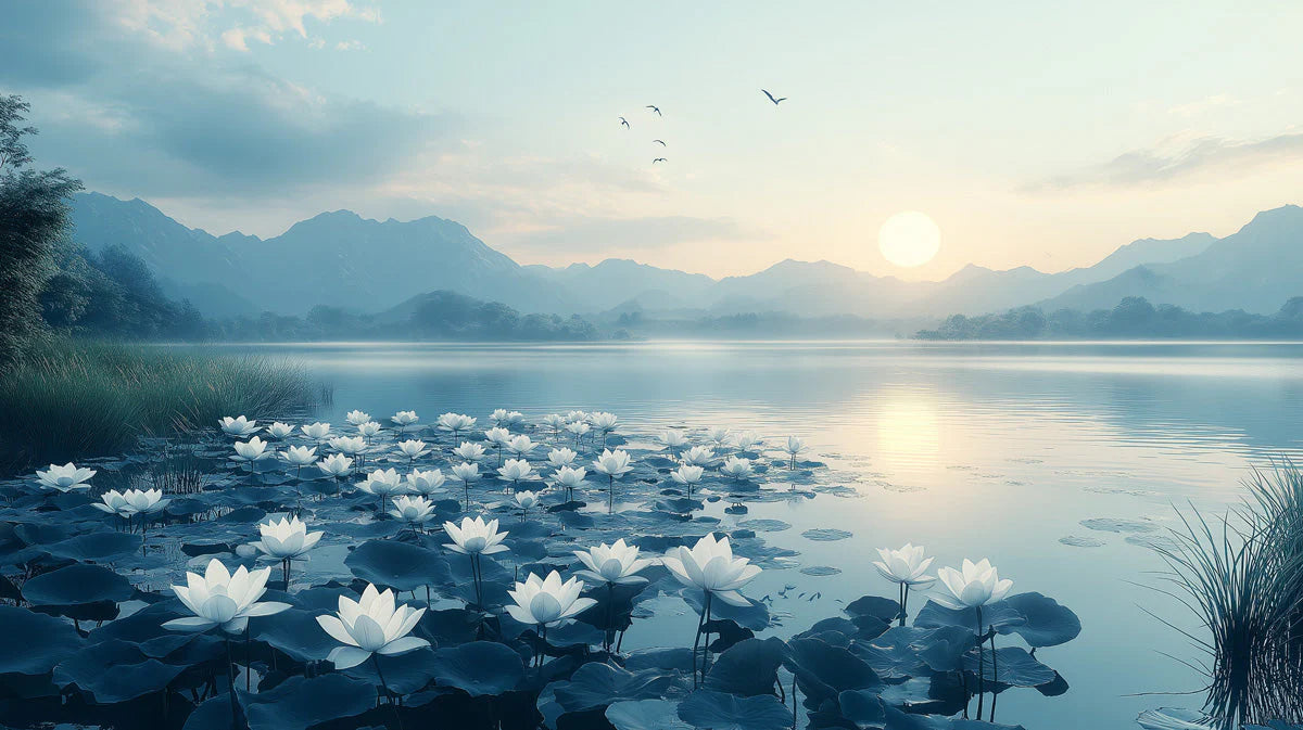Mist-Covered Lotus Lake Mural Wallpaper — Calm Nature Decor Mural Wallpaper - room preview 02