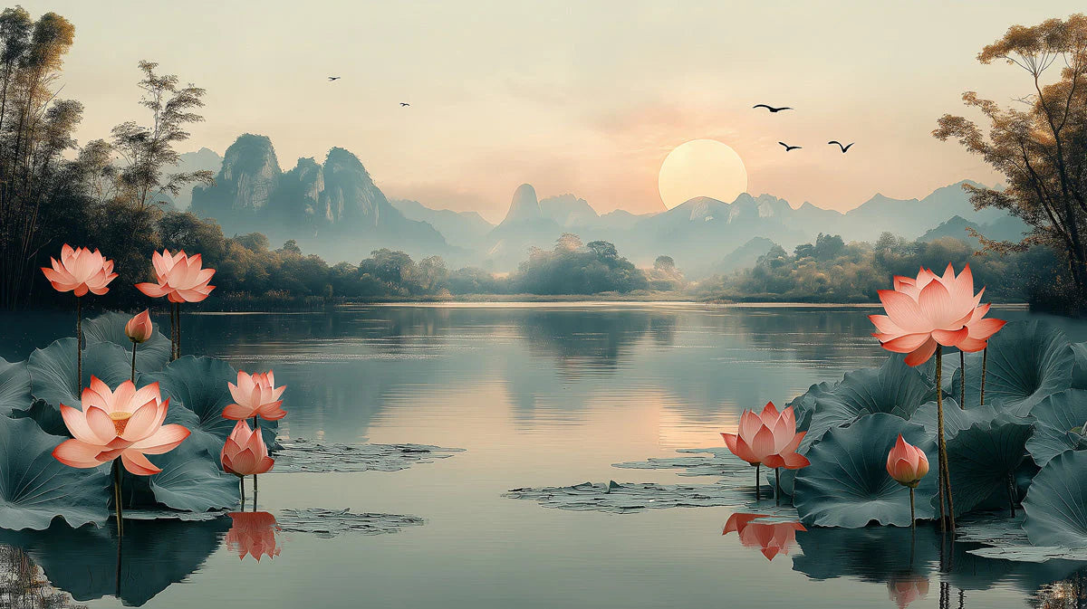 Pink Lotus Lake Mural Wallpaper — Calm Landscape Design Mural Wallpaper - room preview 02