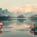 Pink Lotus Lake Mural Wallpaper — Calm Landscape Design Mural Wallpaper - room preview 02