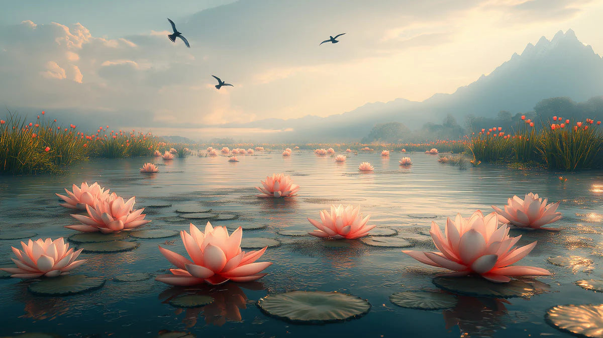 Lotus Lake Horizon Mural Wallpaper — Dreamy Scenic Landscape Mural Wallpaper - room preview 02