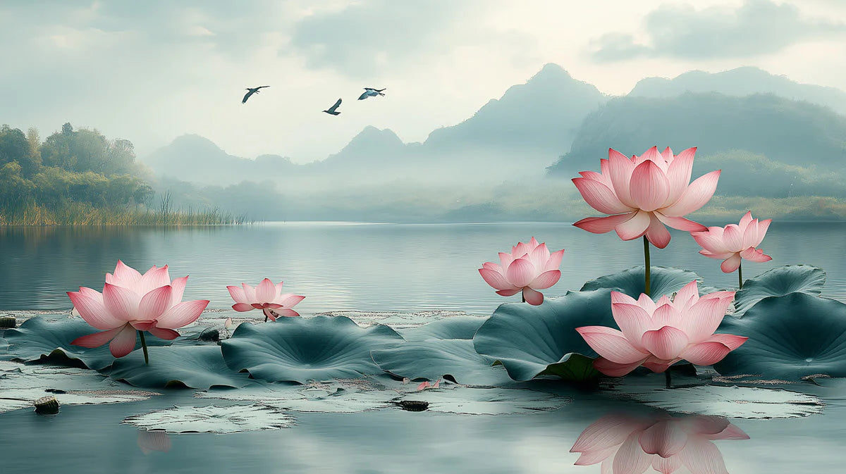 Lotus Lake Scenic Mural Wallpaper — Soft Mist Landscape Mural Wallpaper - room preview 02