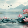 Lotus Lake Scenic Mural Wallpaper — Soft Mist Landscape Mural Wallpaper - room preview 02