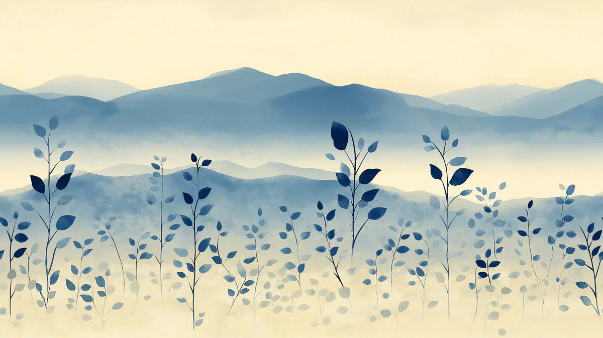 Misty Mountain Valley Mural Wallpaper — Watercolor Blue Landscape Mural Wallpaper - room preview 02