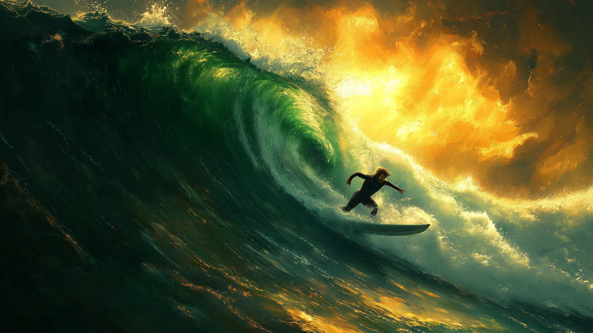 Surfer Riding Golden Ocean Wave Mural Wallpaper — Adventurous Design Mural Wallpaper - room preview 02