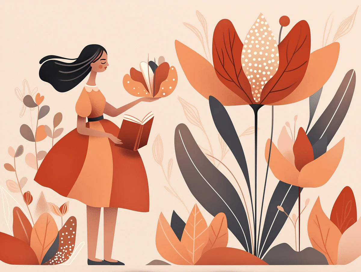 Girl with Book Floral Mural Wallpaper — Whimsical Storybook Art Mural Wallpaper - room preview 02