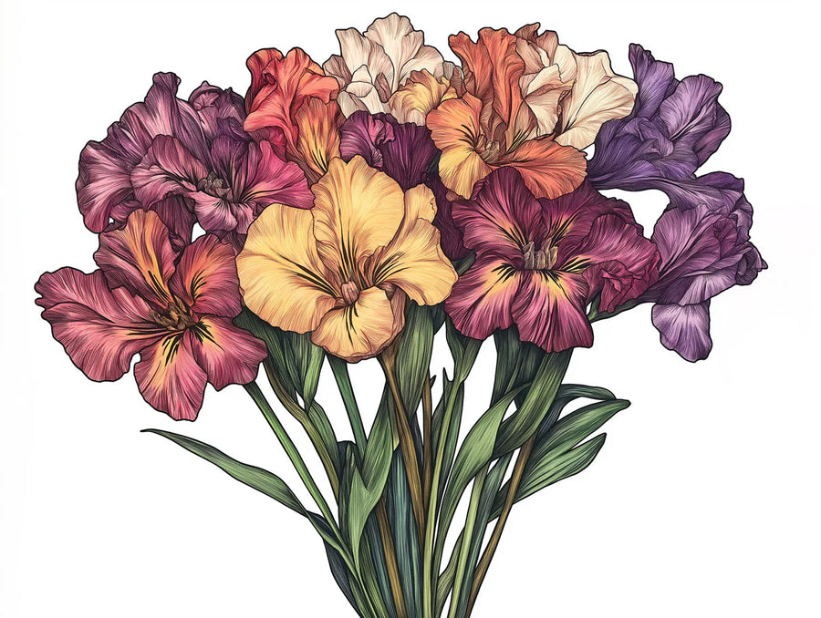 Floral Wallpaper Mural – Flower Wallpaper – Iris Bouquet — Hand-Drawn Floral Cluster printable artwork