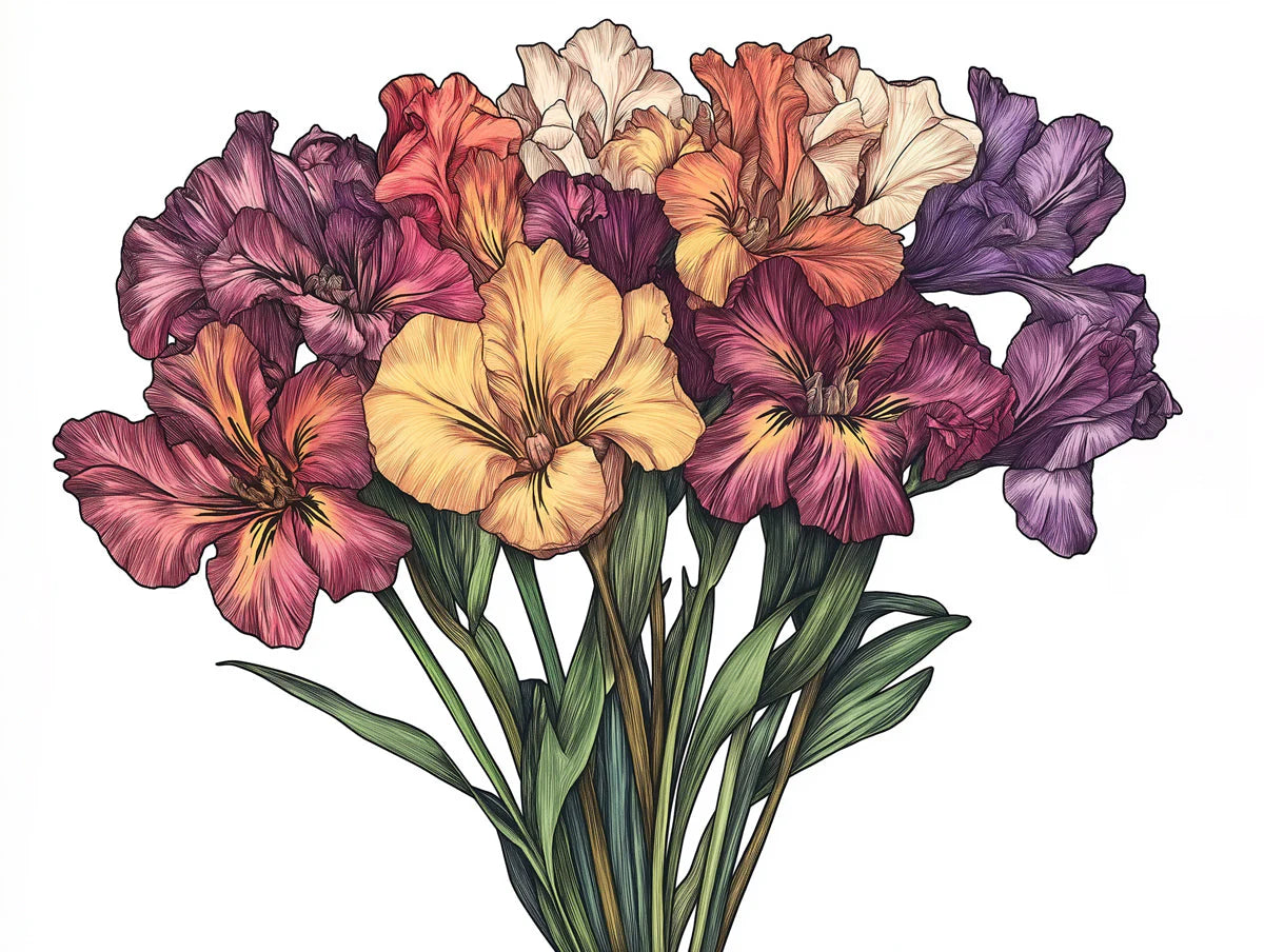 Iris Bouquet Mural Wallpaper — Hand-Drawn Floral Cluster Mural Wallpaper - room preview 02