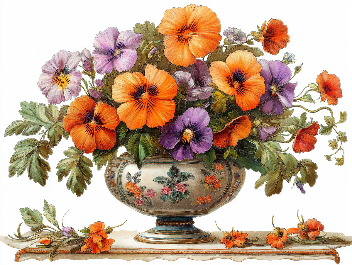 Pansy Floral Vase Mural Wallpaper — Vibrant Classic Art Mural Wallpaper - room preview 02