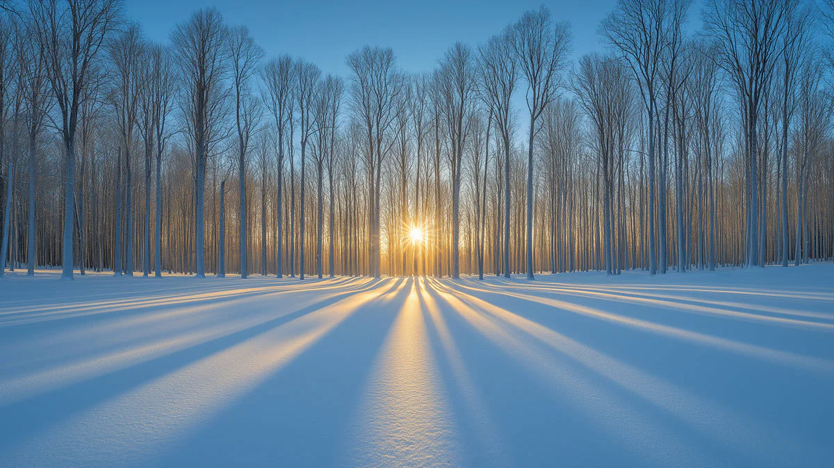 Snowy Forest Sunray Mural Wallpaper — Winter Landscape Decor Mural Wallpaper - room preview 02