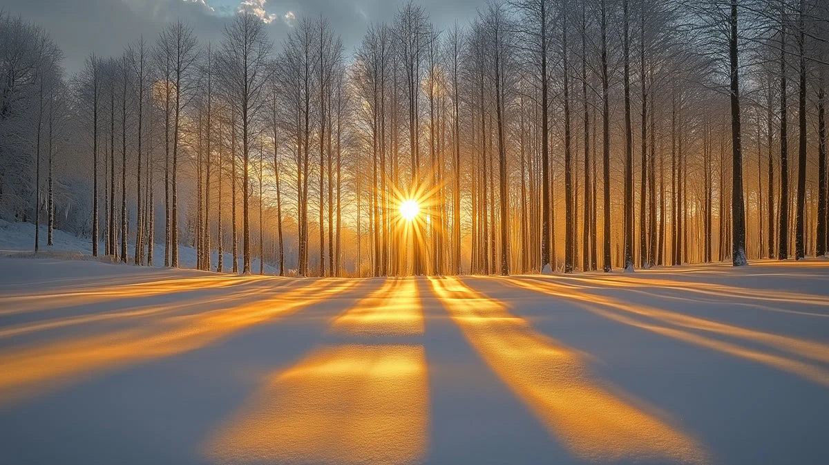 Winter Forest Sunrise Mural Wallpaper — Golden Light Horizon Mural Wallpaper - room preview 02