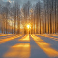 Winter Forest Sunrise Mural Wallpaper — Golden Light Horizon Mural Wallpaper - room preview 02