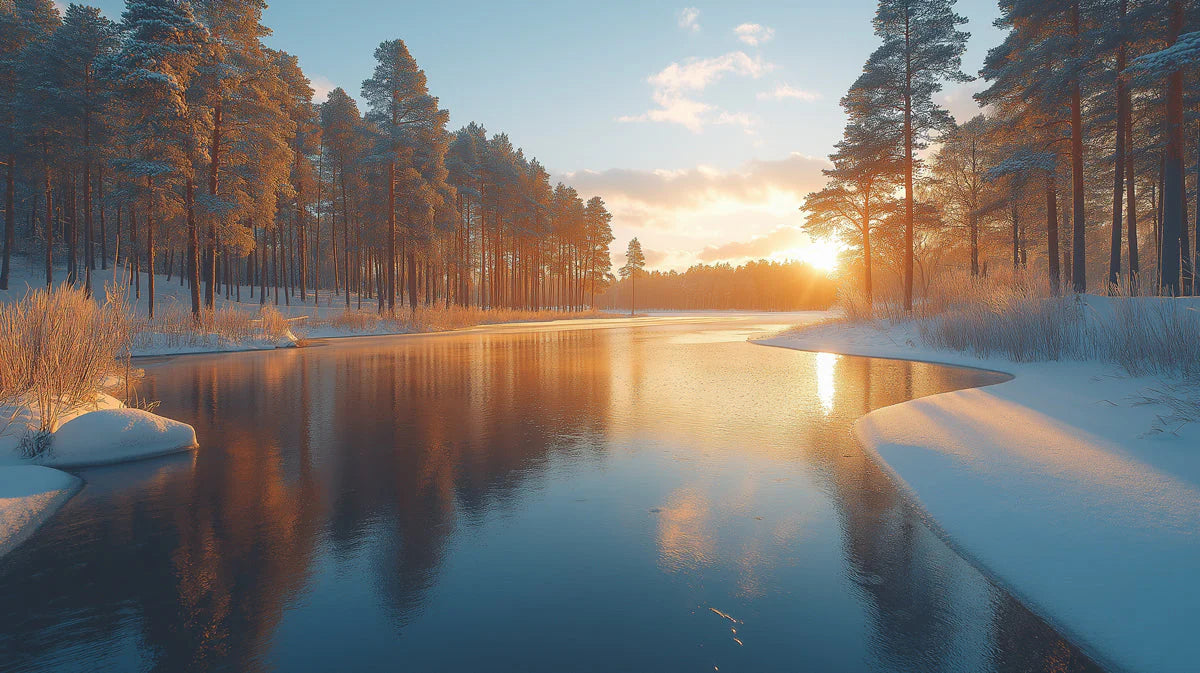 Winter Sunset Lakeside Mural Wallpaper — Scenic Woodland Design Mural Wallpaper - room preview 02