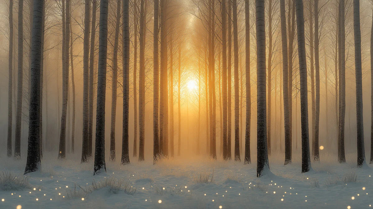 Golden Winter Forest Mural Wallpaper — Whimsical Nature Scene Mural Wallpaper - room preview 02