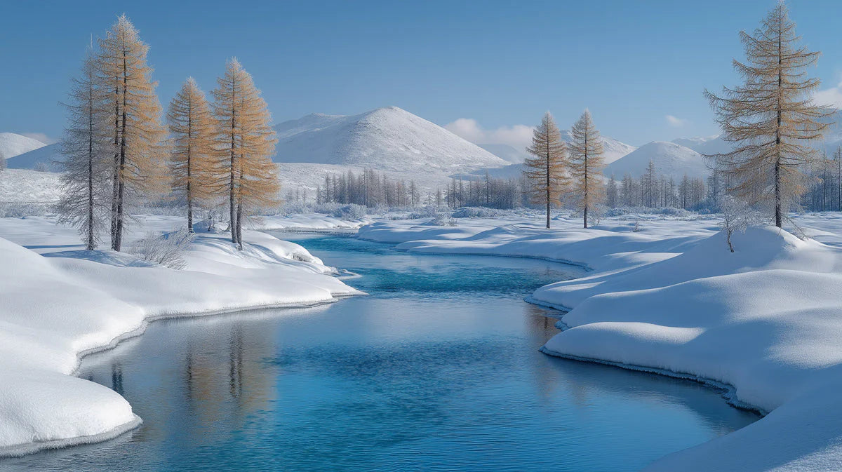Snowy Mountain River Mural Wallpaper — Winter Landscape Decor Mural Wallpaper - room preview 02
