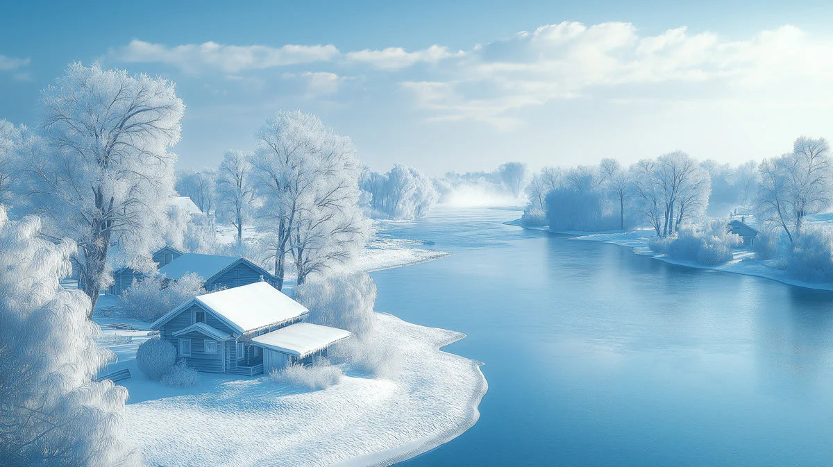 Snowy River Cottage Mural Wallpaper — Scenic Winter Landscape Mural Wallpaper - room preview 02