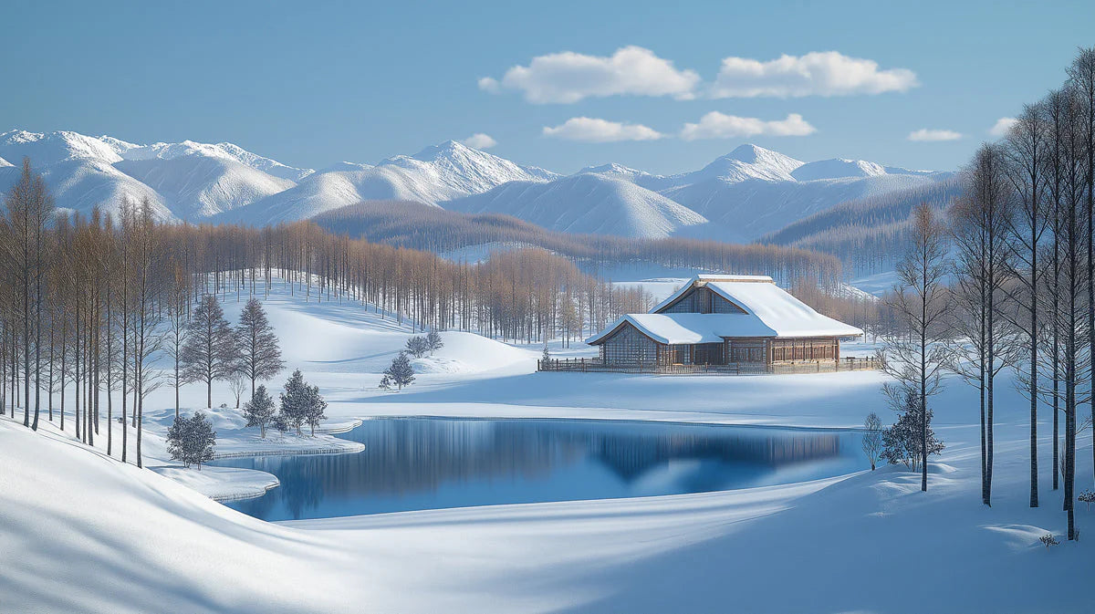 Snowy Mountain Cottage Mural Wallpaper — Quiet Winter Landscape Mural Wallpaper - room preview 02