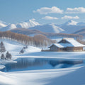 Snowy Mountain Cottage Mural Wallpaper — Quiet Winter Landscape Mural Wallpaper - room preview 02