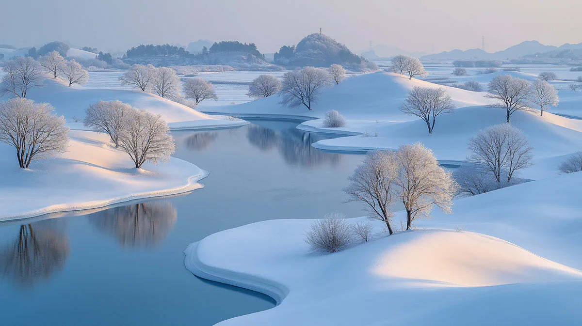 Winter River Valley Mural Wallpaper — Frozen Landscape Decor Mural Wallpaper - room preview 02