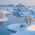 Winter River Valley Mural Wallpaper — Frozen Landscape Decor Mural Wallpaper - room preview 02