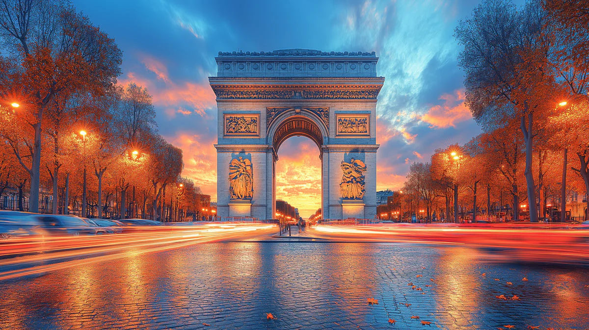 Arc de Triomphe Paris Sunset Mural Wallpaper — Grand Urban Scene Mural Wallpaper - room preview 02