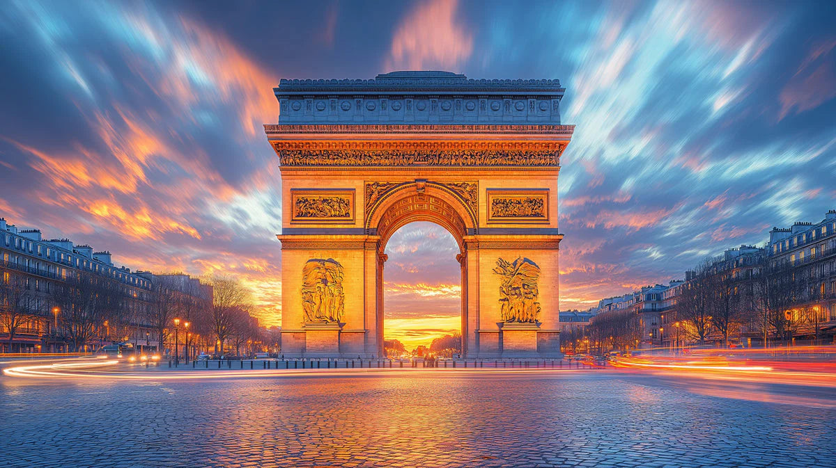 Arc de Triomphe Sunset Mural Wallpaper — Parisian Urban Scene Mural Wallpaper - room preview 02